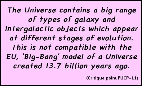The Universe contains a big range of types of galaxy and intergalactic objects which appear at different stages of evolution. This is not compatible with the EU, 'Big-Bang' model of a Universe created 13.7 billion years ago. (Critique point PUCP-11)