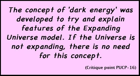 The concept of 'dark energy' was developed to try and explain features of the Expanding Universe model. If the Universe is not expanding, there is no need for this concept. (Critique point PUCP-16)