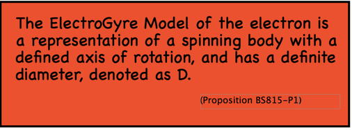 The ElectroGyre Model of the electron is a representation of a spinning body with a defined axis of rotation, and has a definite diameter, denoted as D