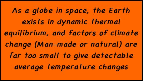 As a globe in space, the Earth exists in dynamic thermal equilibrium, and factors of climate change (Man-made or natural) are far too small to give detectable average temperature changes.