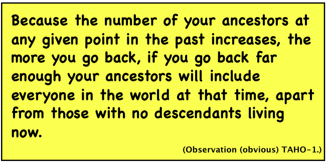 Because the number of your ancestors at any given point in the past increases the further you go back, if you go back far enough, your ancestors will include everyone in the world at that time, apart from those with no descendants living now.